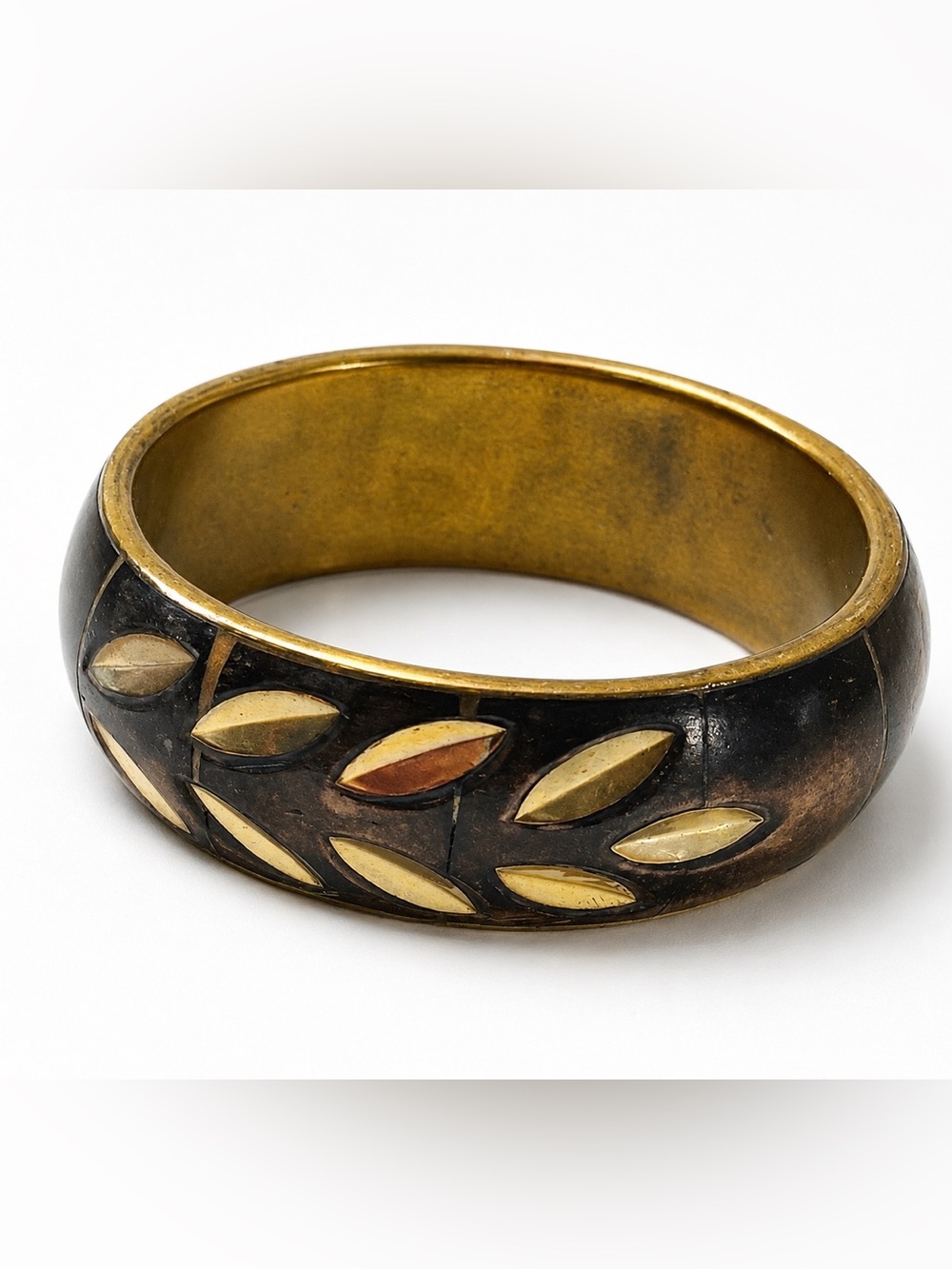 Vintage Gold and Black Leaf Inlay Bangle Bracelet